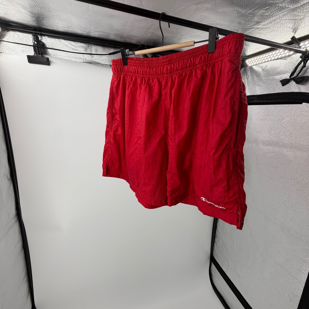 Vintage Champion Mens Red Windbreaker Shorts Athletic Nylon Large‎ Logo Sporty
